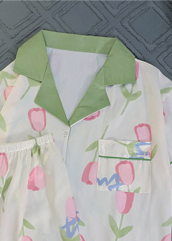 Modern Green Peter Pan Collar Print Button Ice Silk Pajamas Two Piece Set Short Sleeve