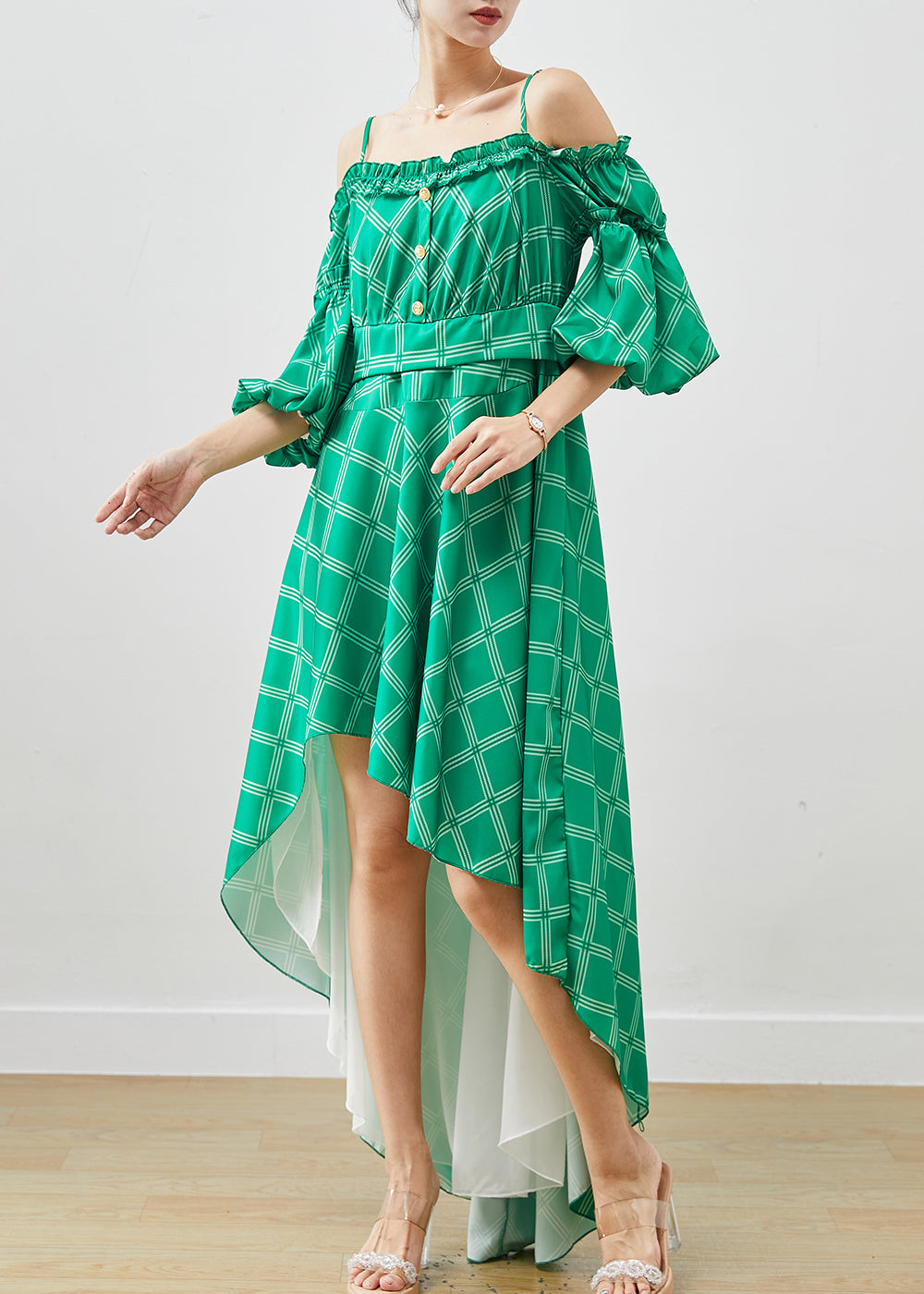 Modern Green Ruffled Cold Shoulder Cotton Beach Dresses Summer