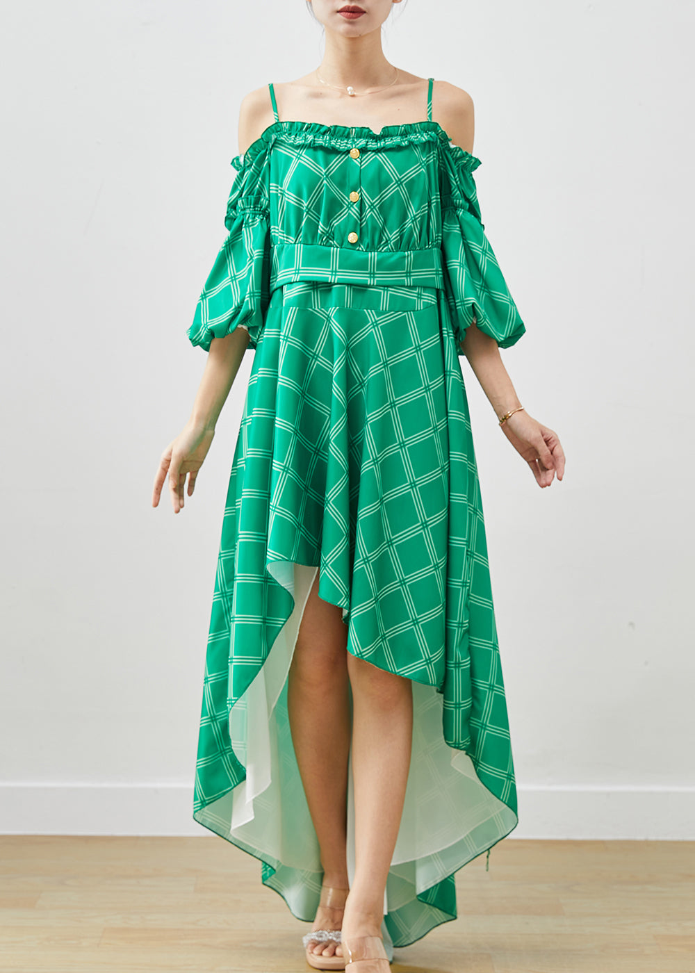 Modern Green Ruffled Cold Shoulder Cotton Beach Dresses Summer