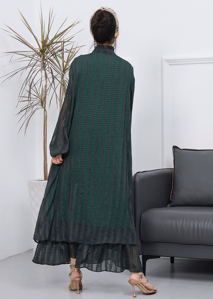 Modern Green Ruffled Patchwork Striped False Two Pieces Silk Dress Spring