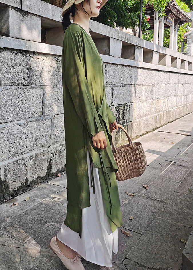 Modern Green Solid Tie Waist Cotton Long Cardigans Summer