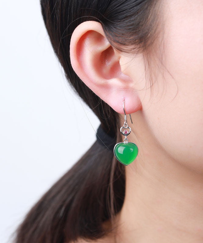 Modern Green Sterling Silver Inlaid Love Chalcedony Drop Earrings