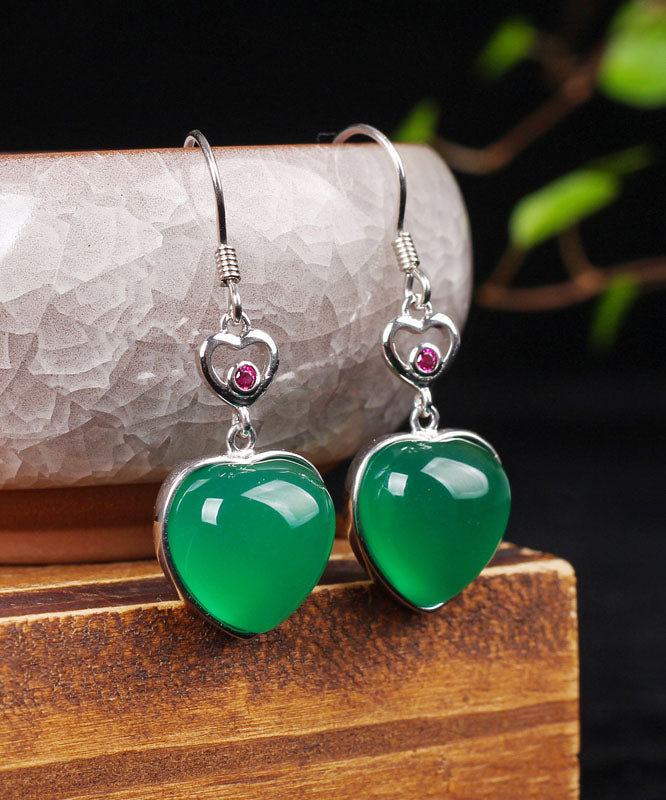 Modern Green Sterling Silver Inlaid Love Chalcedony Drop Earrings