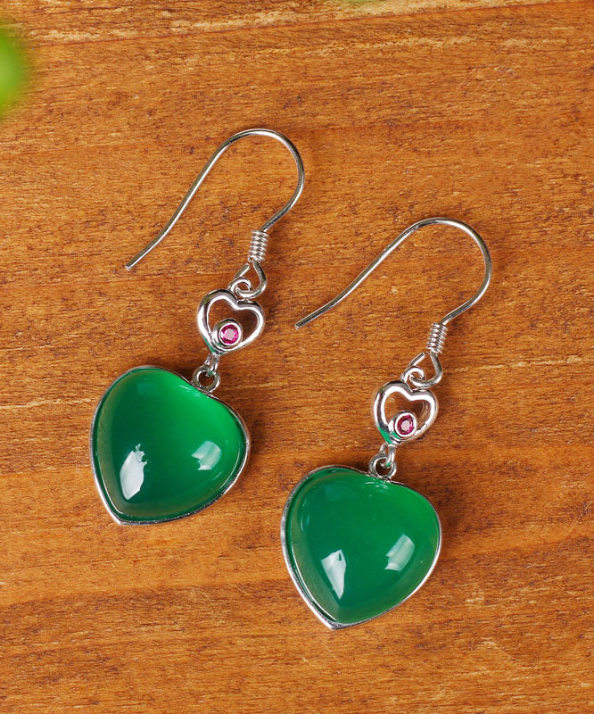 Modern Green Sterling Silver Inlaid Love Chalcedony Drop Earrings
