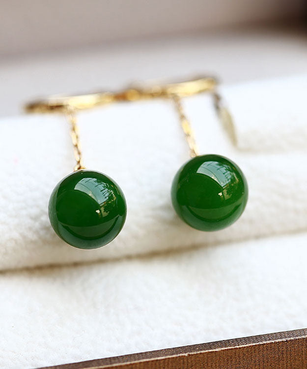 Modern Green Sterling Silver Overgild 18K Gold Jade Drop Earrings