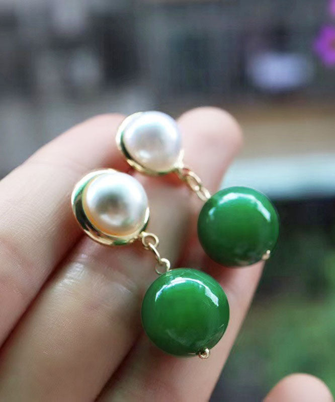 Modern Green Sterling Silver Overgild Inlaid Jade Pearl Drop Earrings