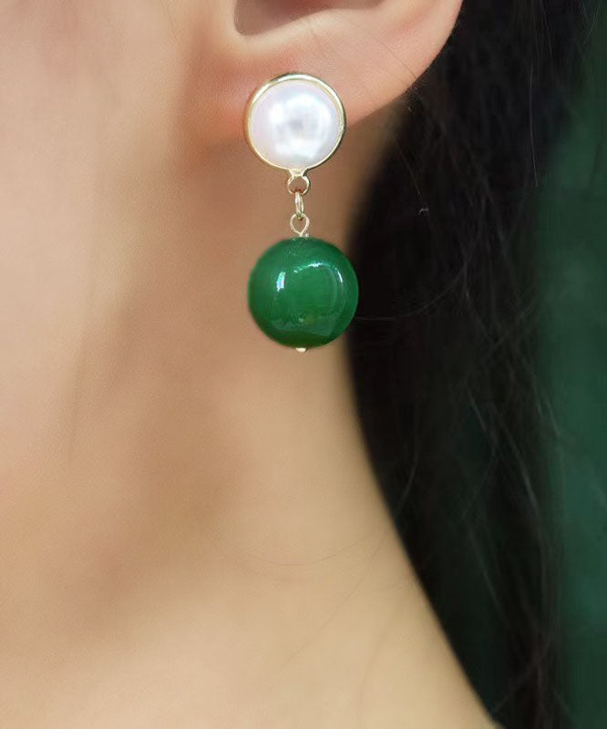 Modern Green Sterling Silver Overgild Inlaid Jade Pearl Drop Earrings