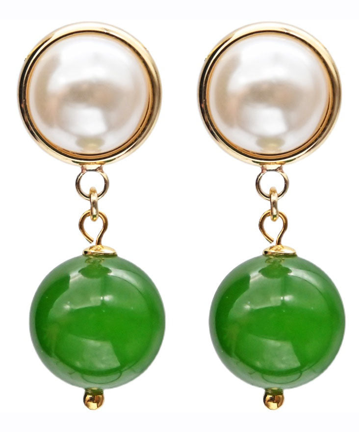 Modern Green Sterling Silver Overgild Inlaid Jade Pearl Drop Earrings