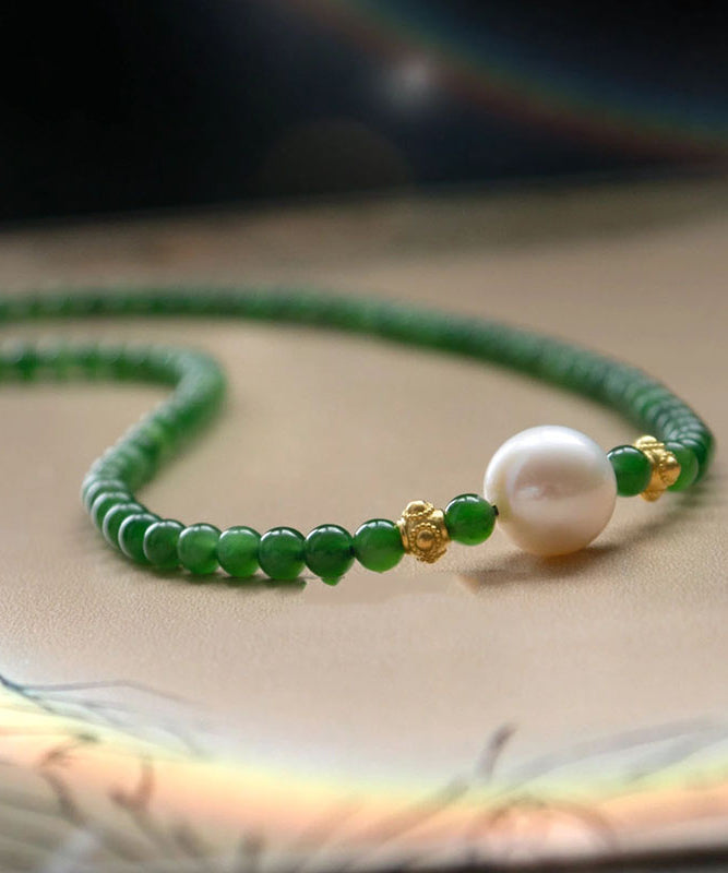 Modern Green Sterling Silver Overgild Jade Pearl Gratuated Bead Necklace