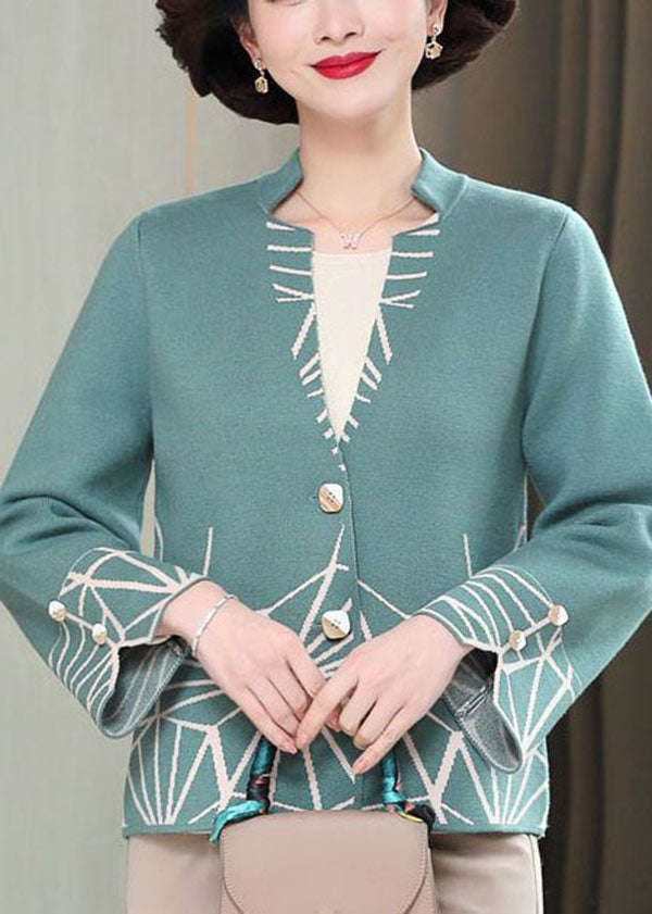 Modern Green V Neck Button Knit Cardigan Long Sleeve