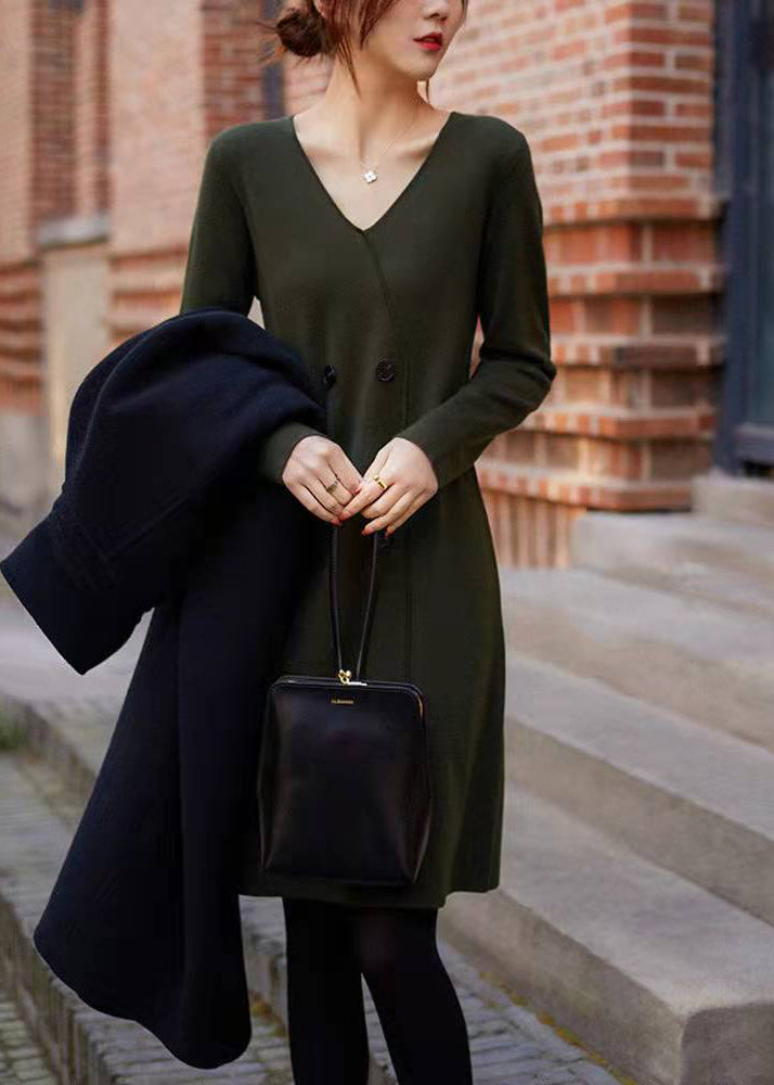 Modern Green V Neck Patchwork Button Knit Mid Dresses Long Sleeves