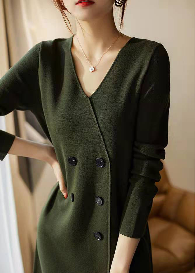 Modern Green V Neck Patchwork Button Knit Mid Dresses Long Sleeves