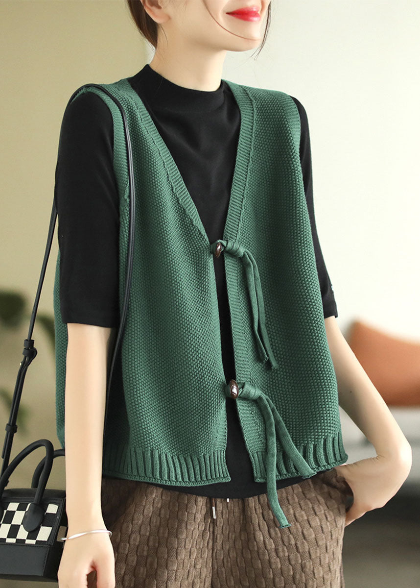 Modern Green V Neck Solid Knit Vest Tops Sleeveless