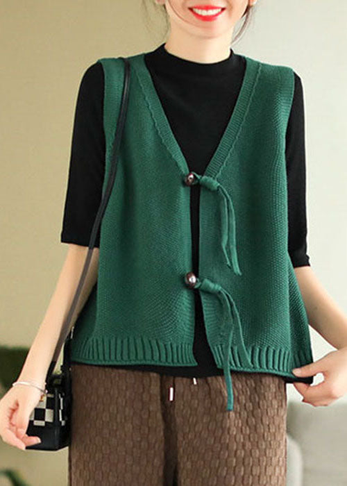 Modern Green V Neck Solid Knit Vest Tops Sleeveless