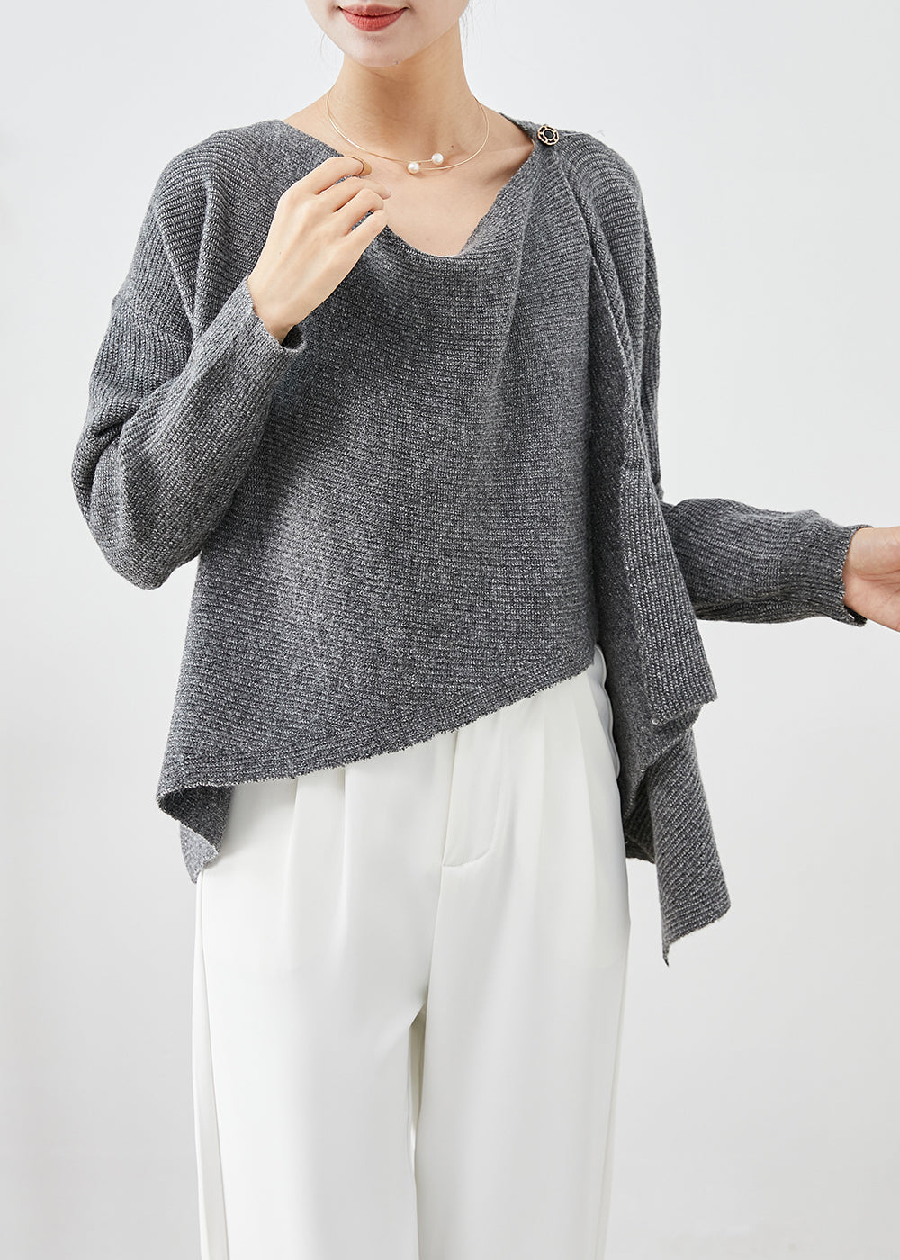 Modern Grey Asymmetrical Thick Knit Sweaters Fall