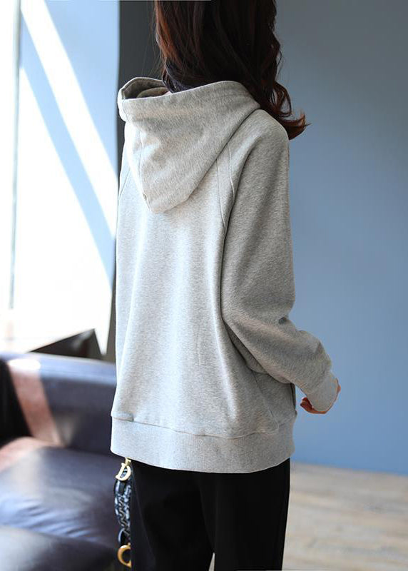 Modern Grey Hooded Pockets Cotton Pullover Sweatshirt Fall