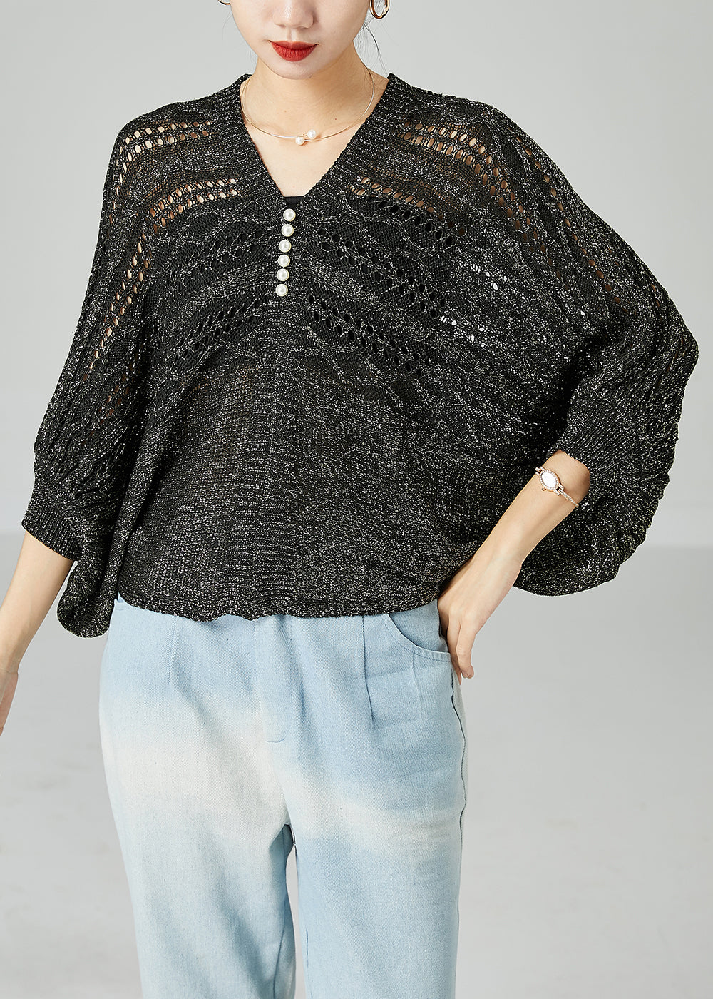 Modern Grey Oversized Hollow Out Knit Tops Batwing Sleeve