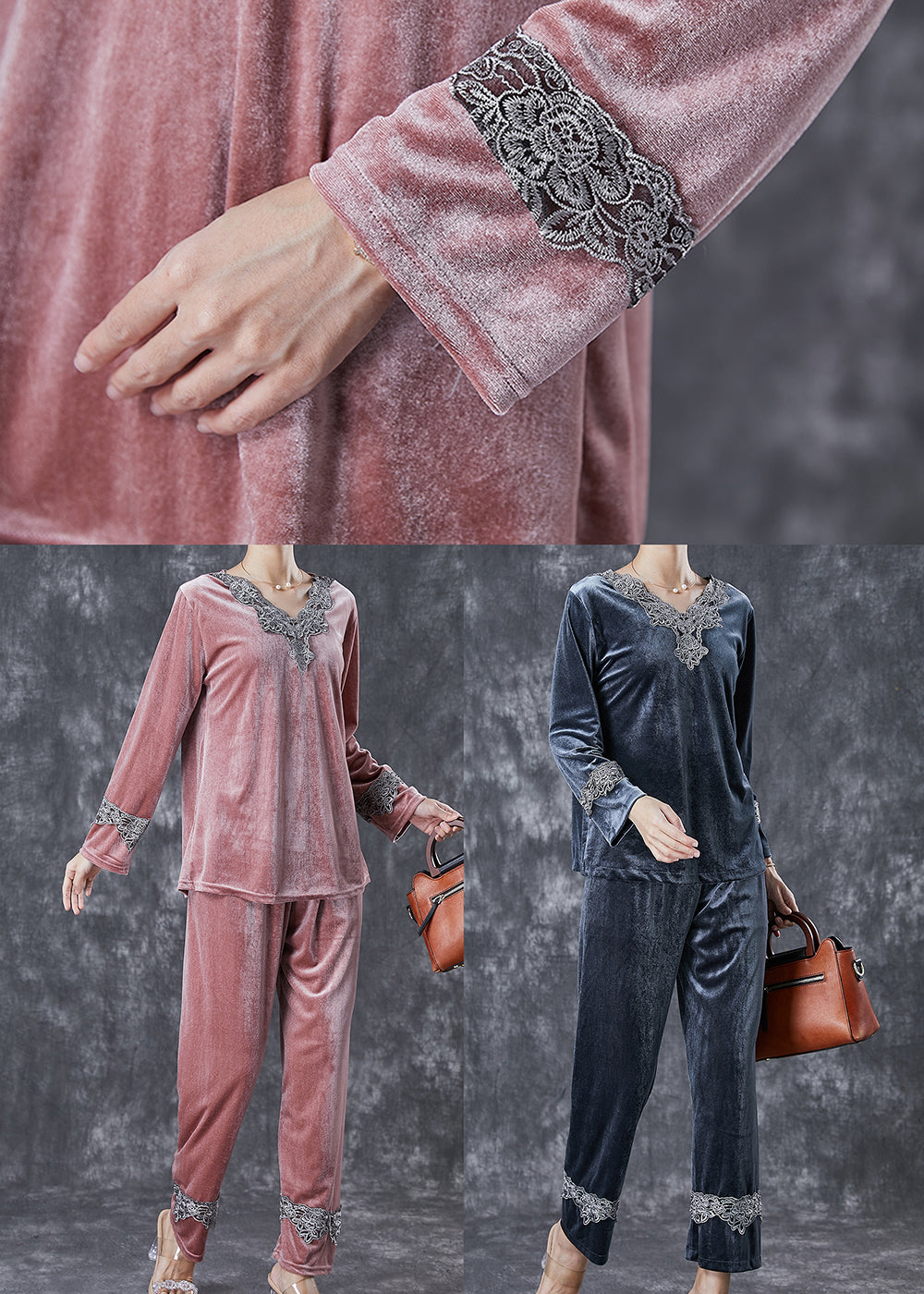 Modern Grey V Neck Lace Patchwork Silk Velour Two Pieces Set Fall