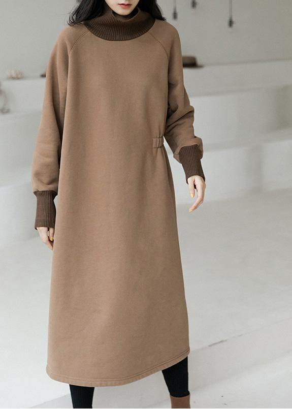 Modern High Neck Cinched Spring Clothes Outfits Brown Maxi Dresses - Omychic