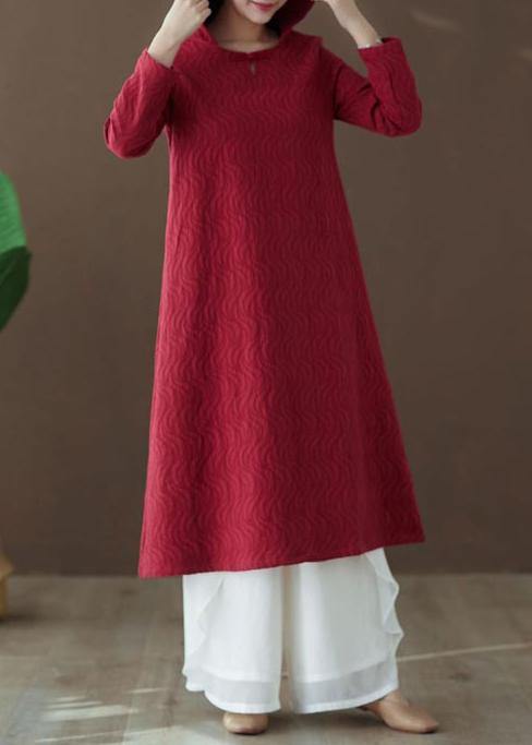 Modern Hooded Clothes Sewing Burgundy Striped A Line Dress - Omychic