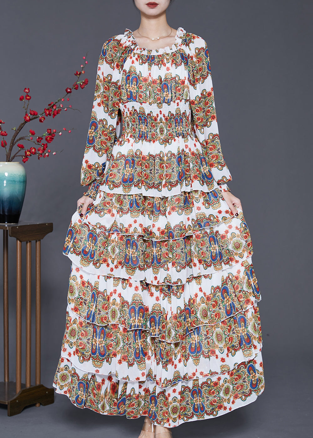 Modern Khaki Elastic Waist Layered Ruffles Chiffon Dresses Spring