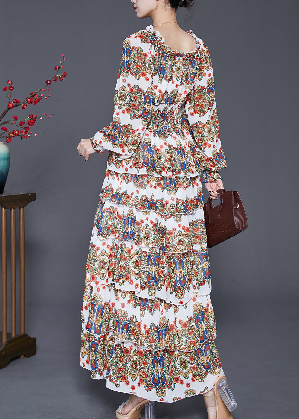 Modern Khaki Elastic Waist Layered Ruffles Chiffon Dresses Spring