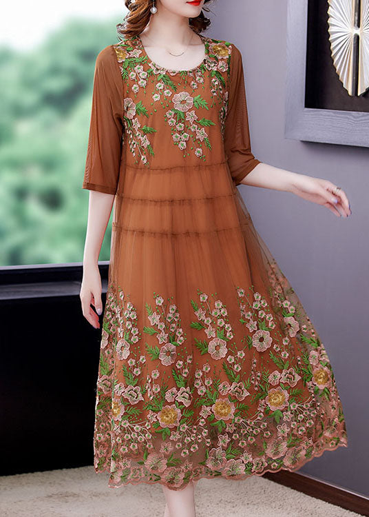 Modern Khaki Embroideried Patchwork Maxi Dresses Spring