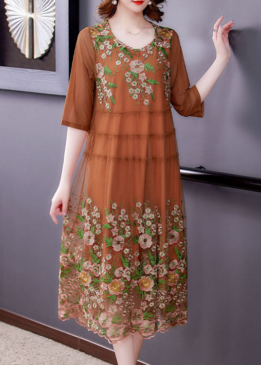Modern Khaki Embroideried Patchwork Maxi Dresses Spring