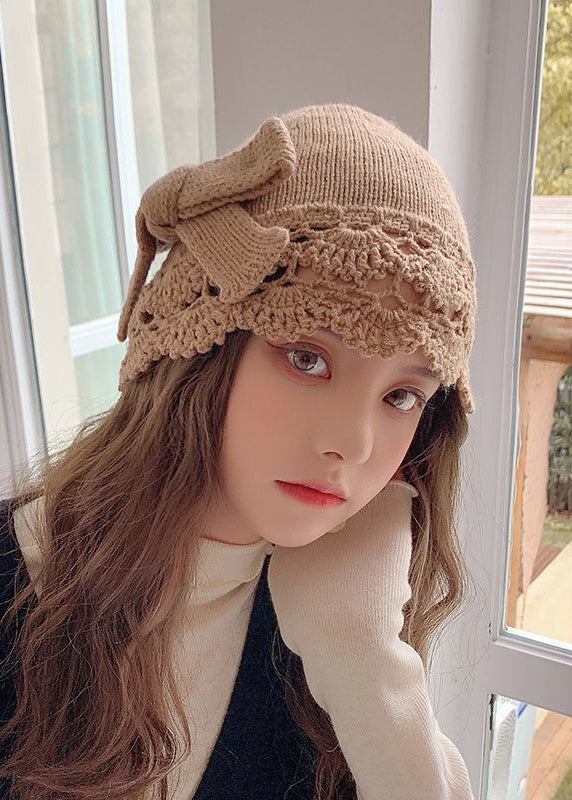 Modern Khaki Hollow Out Patchwork Bow Knit Bonnie Hat