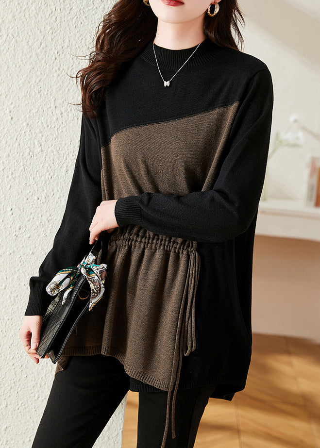 Modern Khaki O Neck Cinched Patchwork Knit Sweater Tops Winter