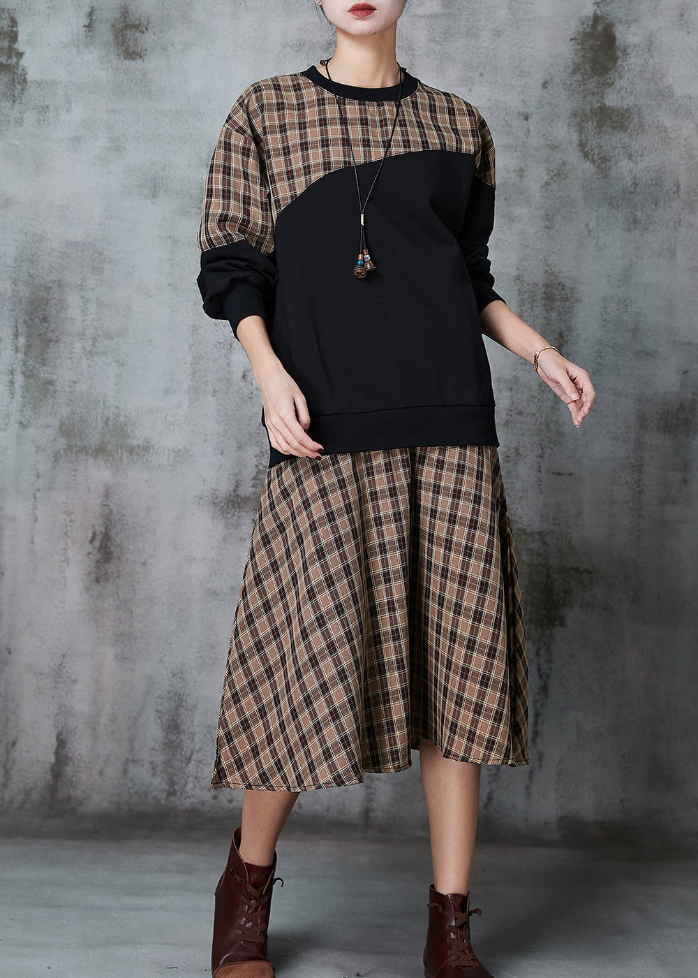 Modern Khaki Plaid Patchwork Cotton Loose Sweatshirts Dress Spring