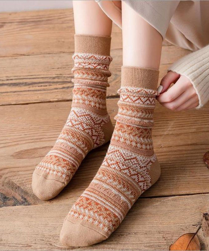 Modern Khaki Pring Thick Cotton Mid Calf Socks