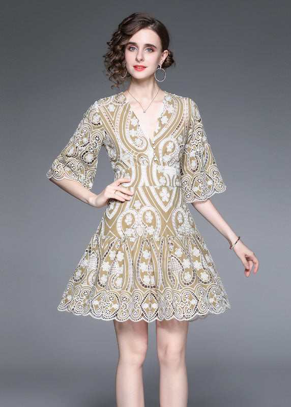 Modern Khaki V Neck Embroideried Hollow Out Lace Dress Flare Sleeve
