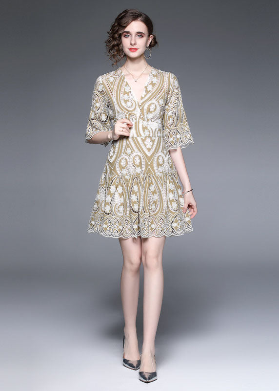 Modern Khaki V Neck Embroideried Hollow Out Lace Dress Flare Sleeve
