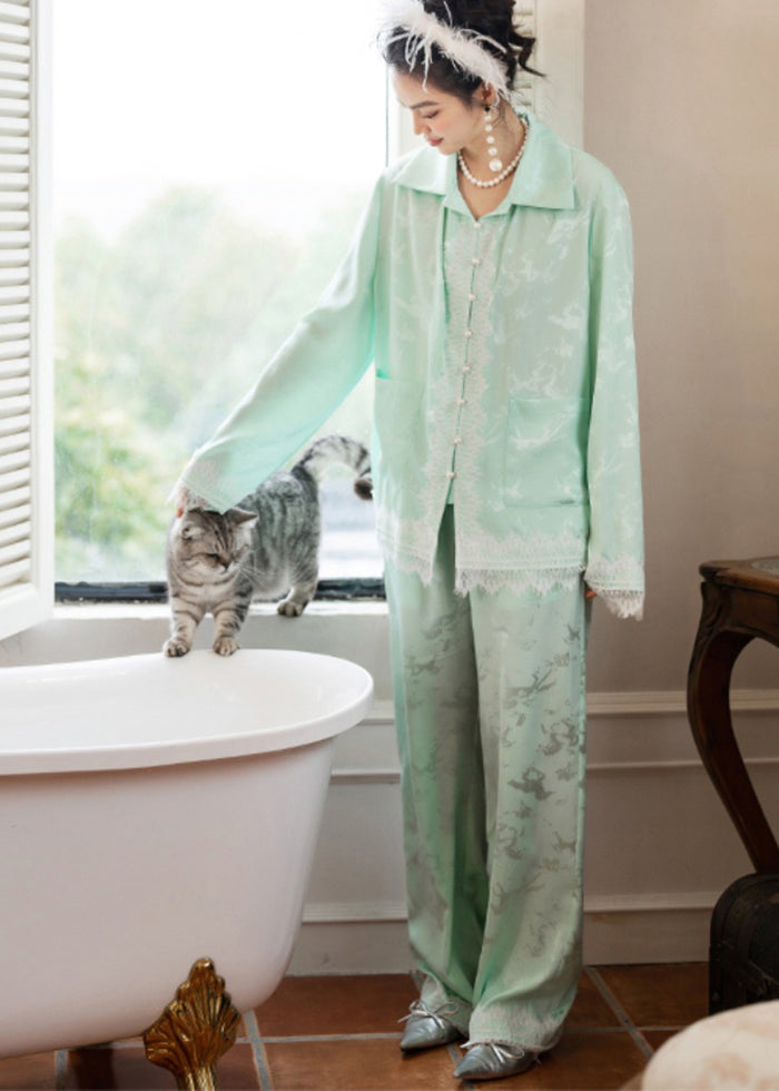 Modern Lake Green Jacquard Lace Patchwork Nail Bead Ice Silk Pajamas Two-Piece Set Spring