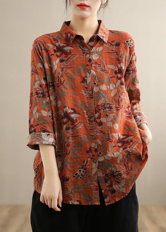 Modern Lapel Button Down Spring Top Silhouette Photography Orange Print Shirts - Omychic