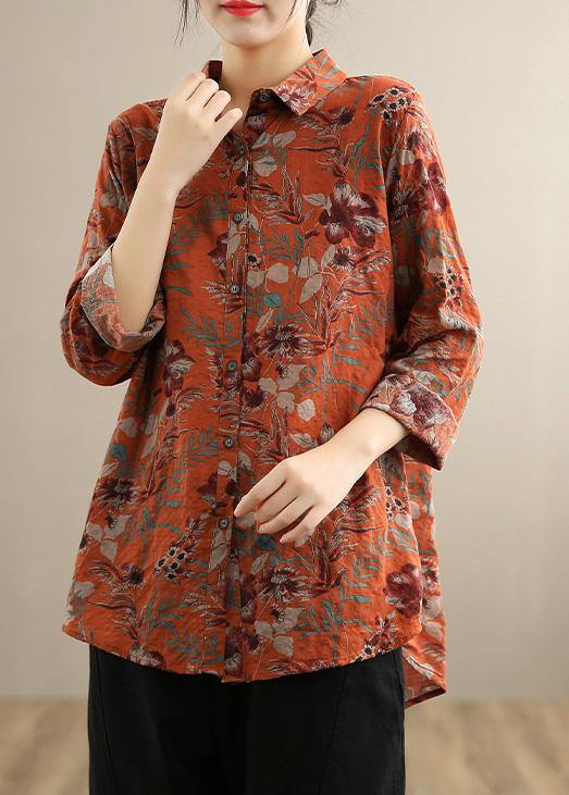 Modern Lapel Button Down Spring Top Silhouette Photography Orange Print Shirts - Omychic