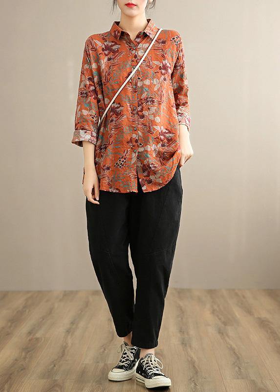 Modern Lapel Button Down Spring Top Silhouette Photography Orange Print Shirts - Omychic