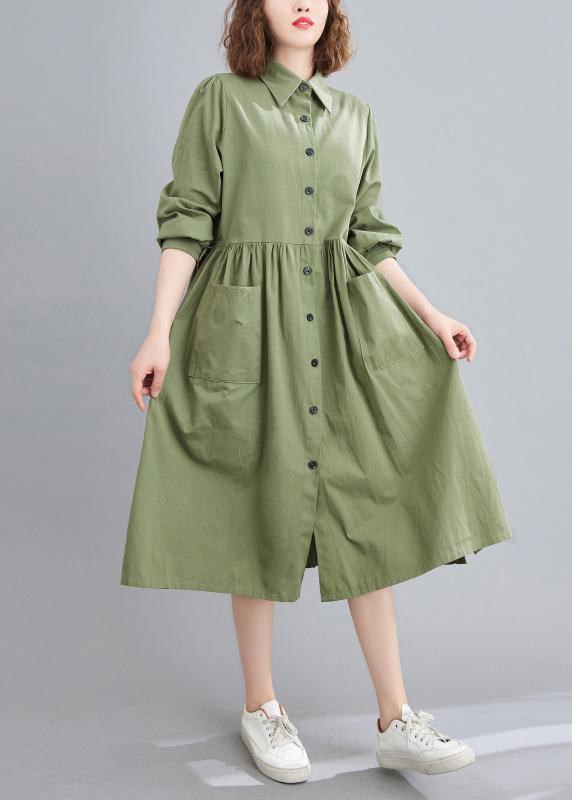 Modern Lapel Cinched Cotton SpringDresses Runway Green Vestidos De Lino Dresses - Omychic