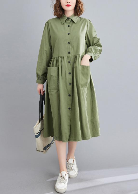 Modern Lapel Cinched Cotton SpringDresses Runway Green Vestidos De Lino Dresses - Omychic