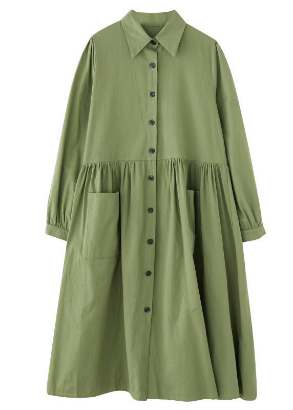 Modern Lapel Cinched Cotton SpringDresses Runway Green Vestidos De Lino Dresses - Omychic