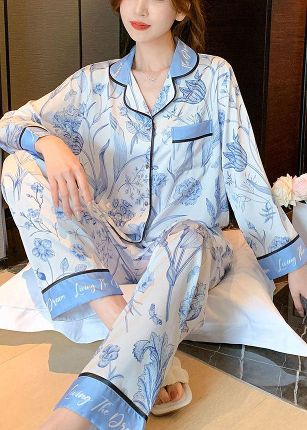 Modern Light Blue Peter Pan Collar Print Pocket Ice Silk Pajamas Two Pieces Set Spring