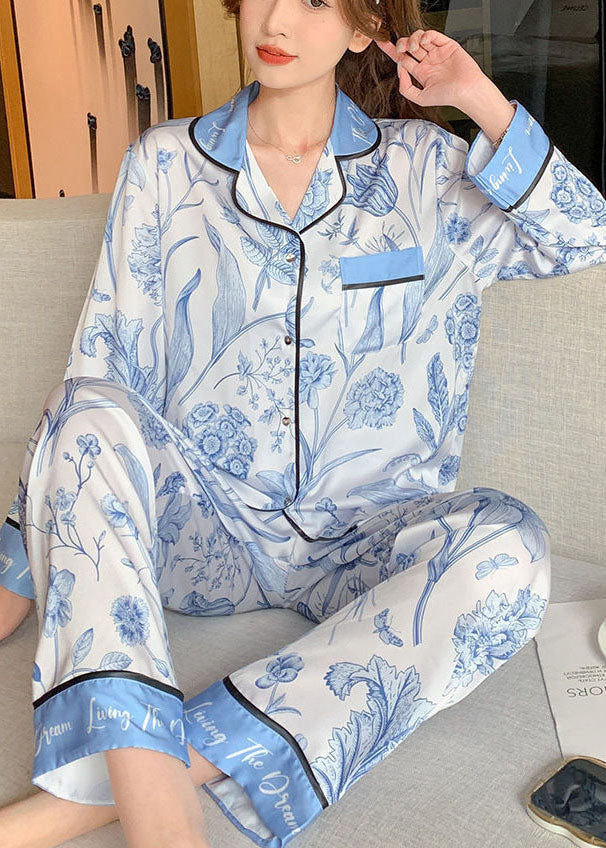 Modern Light Blue Peter Pan Collar Print Pocket Ice Silk Pajamas Two Pieces Set Spring