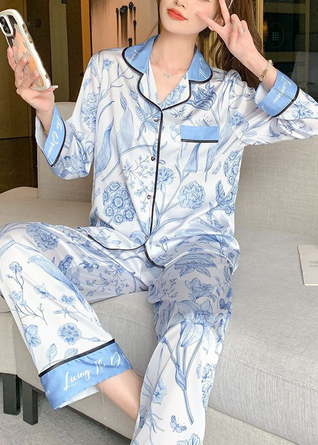 Modern Light Blue Peter Pan Collar Print Pocket Ice Silk Pajamas Two Pieces Set Spring