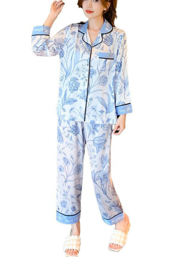Modern Light Blue Peter Pan Collar Print Pocket Ice Silk Pajamas Two Pieces Set Spring