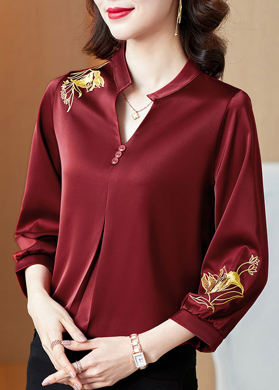 Modern Mulberry V Neck Embroideried Button Silk Shirt Long Sleeve