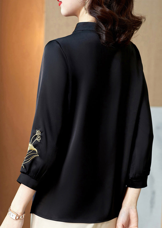 Modern Mulberry V Neck Embroideried Button Silk Shirt Long Sleeve