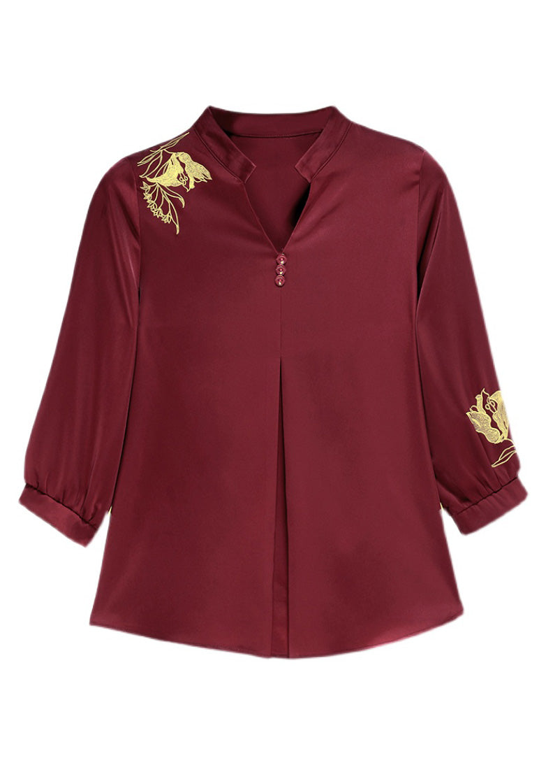 Modern Mulberry V Neck Embroideried Button Silk Shirt Long Sleeve