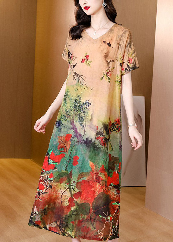 Modern Multi O-Neck Print Linen Dresses Short Sleeve