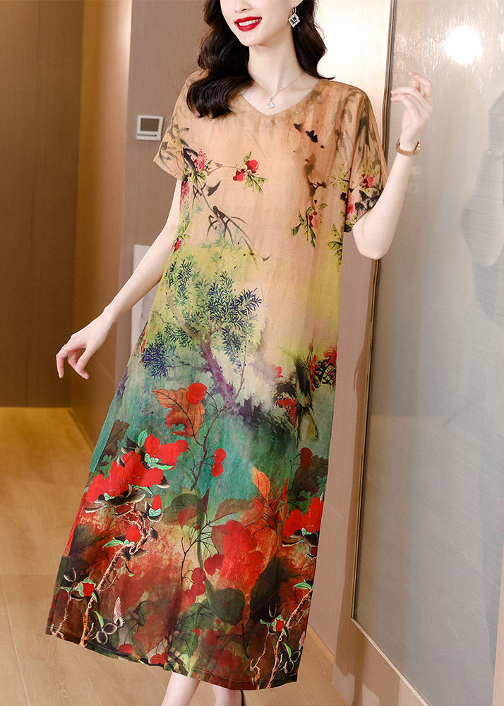 Modern Multi O-Neck Print Linen Dresses Short Sleeve - Omychic